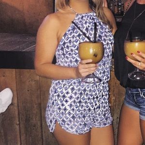 Lulus Blue linen halter romper